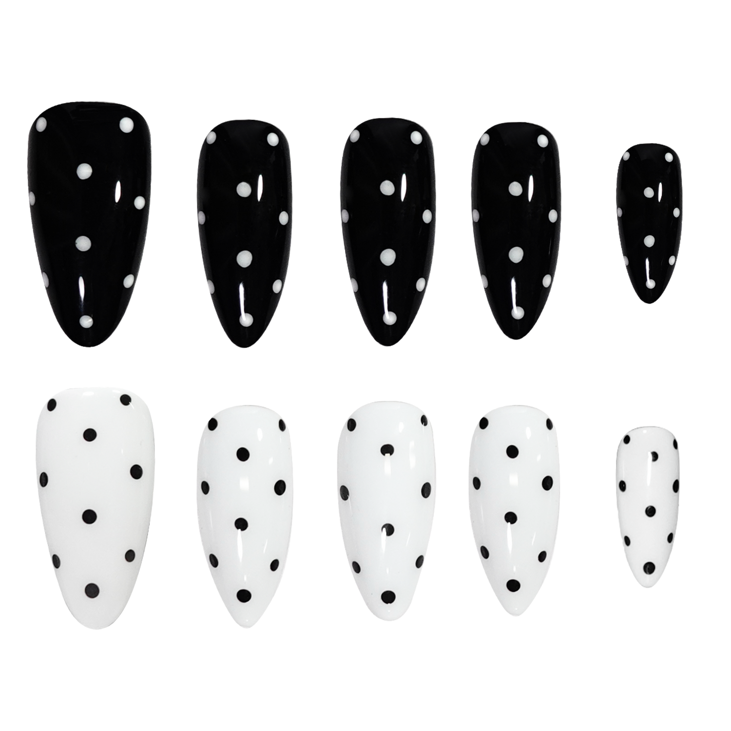 Ten artificial press-on nails arranged in two rows on a plain white background. The top row consists of five glossy black nails with white polka dots, and the bottom row consists of five glossy white nails with black polka dots.