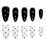 Ten artificial press-on nails arranged in two rows on a plain white background. The top row consists of five glossy black nails with white polka dots, and the bottom row consists of five glossy white nails with black polka dots.