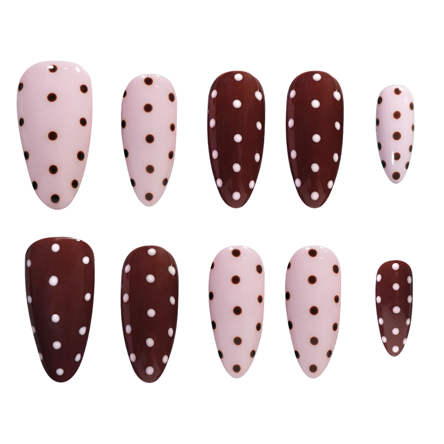 A set of ten false press-on nails arranged in two rows on a plain white background. The nails have an almond shape and are decorated with a polka dot pattern in brown and pink, with alternating light pink and dark brown nails.