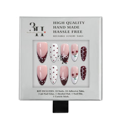Handmade press-on nails with cherry cola design from 3H Nails, featuring a glossy red and black nail art style.