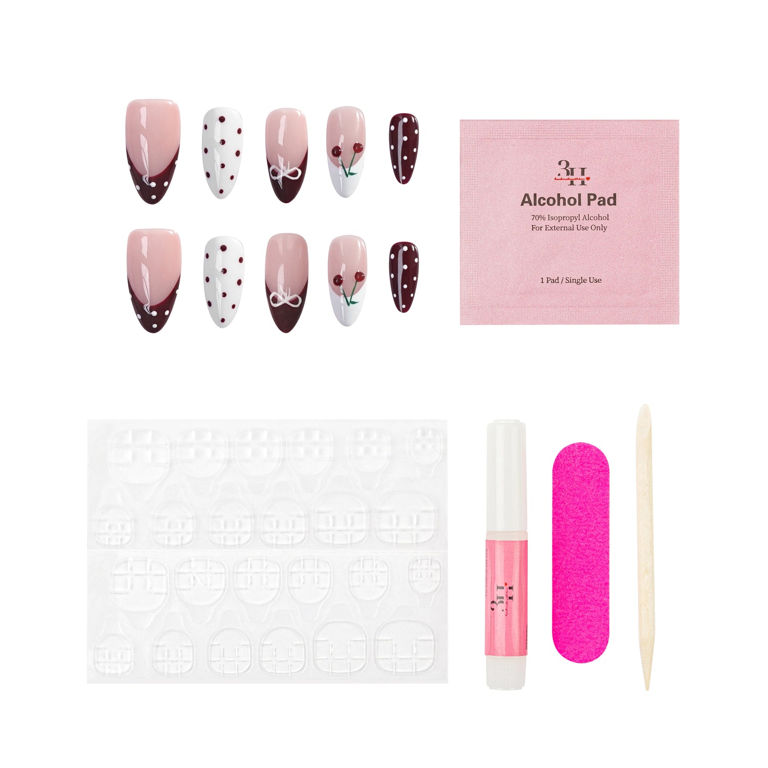 Set of 3H Nails luxury handmade press-on nails in cherry cola color, showing sleek, glossy nail tips with a natural shape.