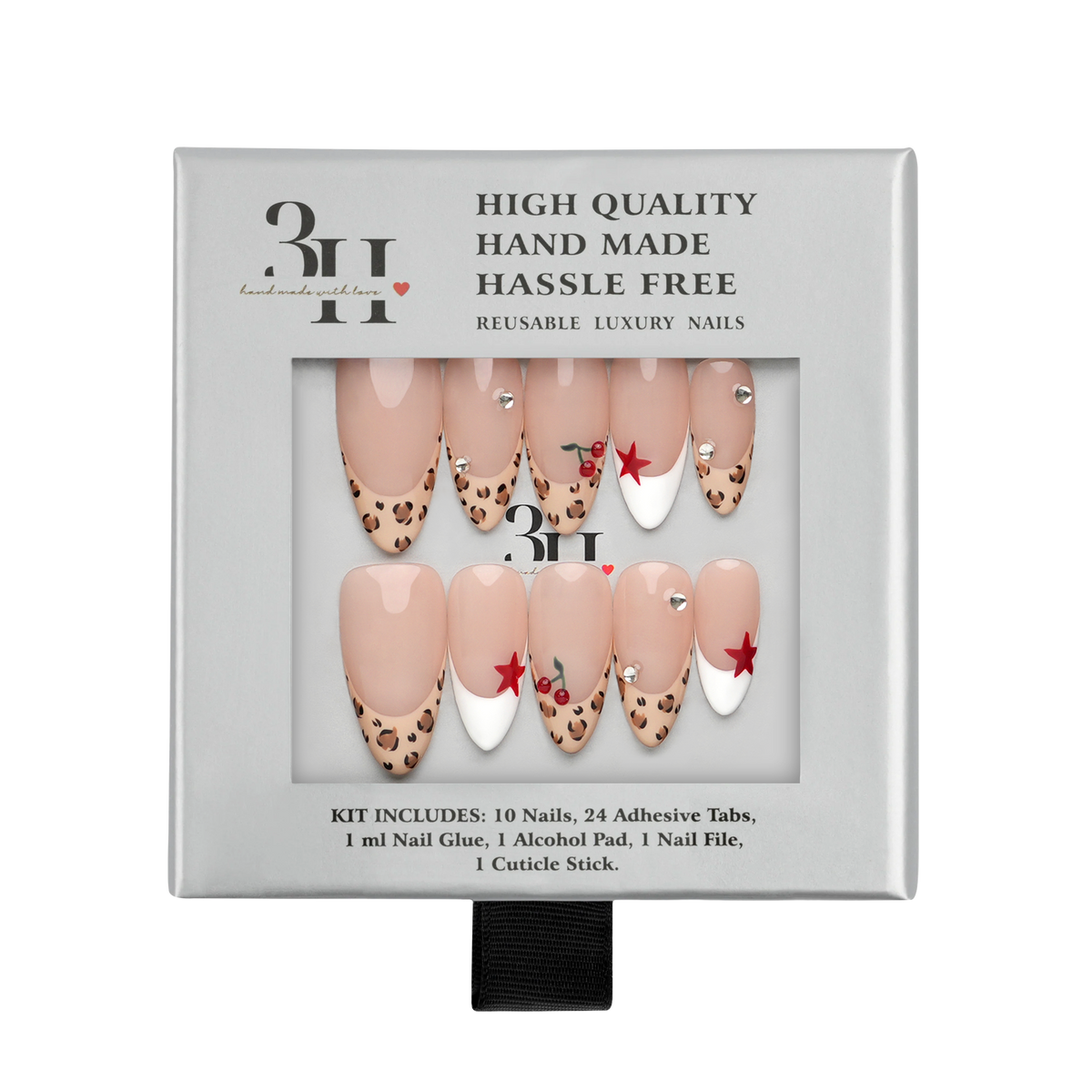 Atlanta medium almond press-on nails by 3H Nails, featuring a nude base with leopard-print tips, white French accents, red stars, cherries, and rhinestones, displayed in 3H Nails packaging.