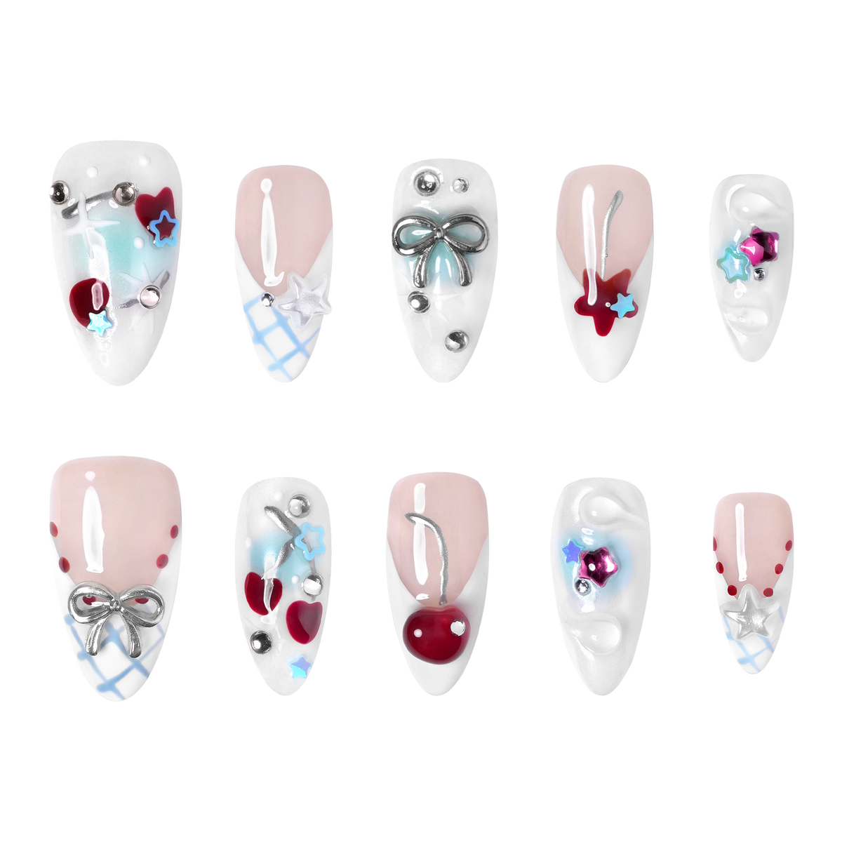 Chicago medium almond press-on nails by 3H Nails, featuring nude and white tones with blue accents, silver bows, stars, cherries, and rhinestones.