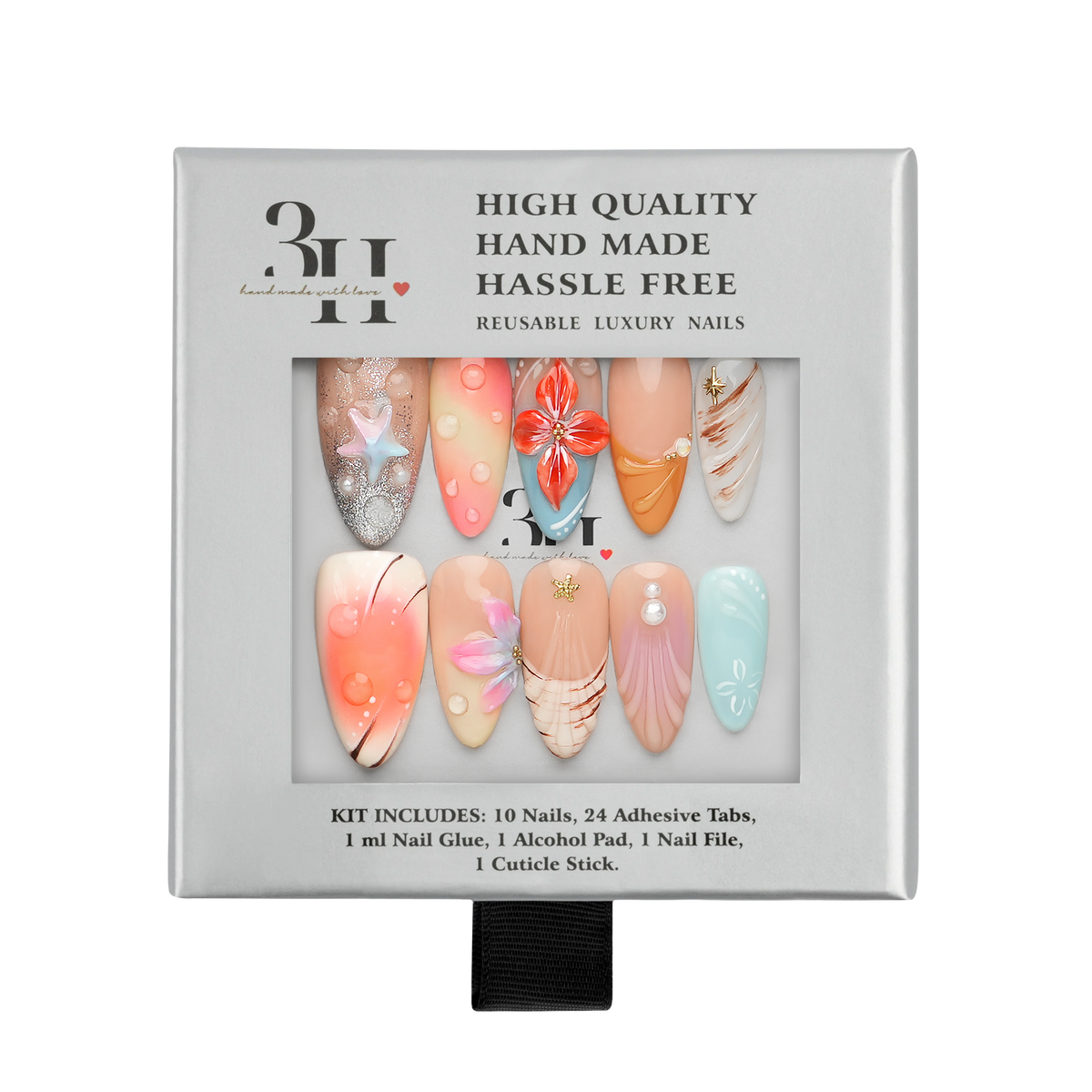 Maui medium almond press-on nails by 3H Nails, featuring coral, aqua, peach, and pink tones with tropical florals, pearls, ombre, and metallic accents, displayed in 3H Nails packaging.