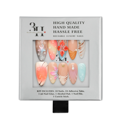 Maui medium almond press-on nails by 3H Nails, featuring coral, aqua, peach, and pink tones with tropical florals, pearls, ombre, and metallic accents, displayed in 3H Nails packaging.