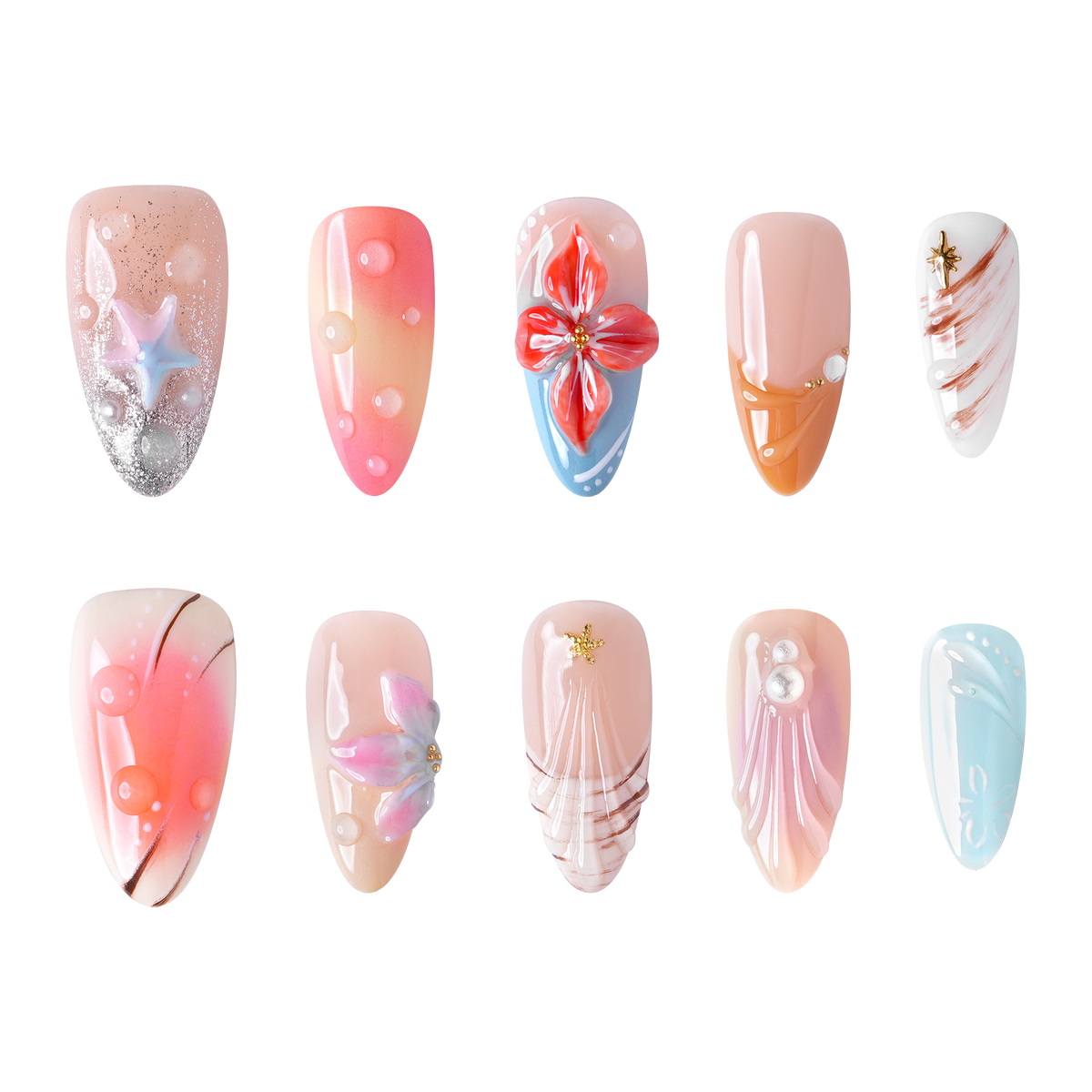 Maui medium almond press-on nails by 3H Nails, featuring coral, aqua, peach, and pink tones with tropical florals, pearls, ombre, and metallic accents.