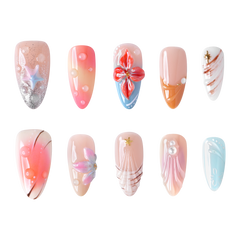 Maui medium almond press-on nails by 3H Nails, featuring coral, aqua, peach, and pink tones with tropical florals, pearls, ombre, and metallic accents.