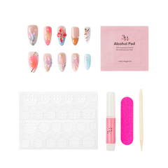 Maui medium almond press-on nails by 3H Nails, featuring coral, aqua, peach, and pink tones with tropical florals, pearls, ombre, and metallic accents, shown with the included application kit.