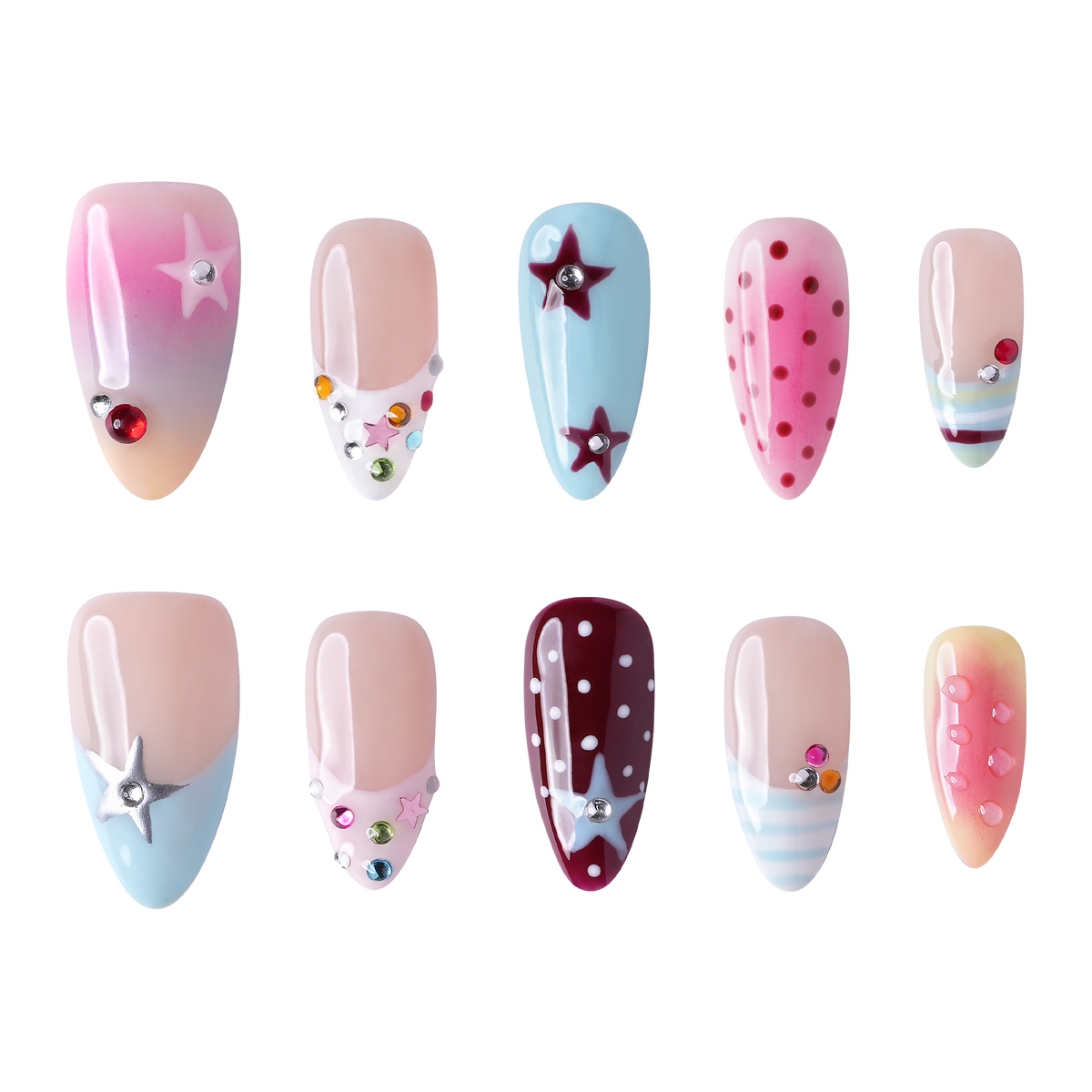 LA medium almond press-on nails by 3H Nails, featuring pastel blue, pink, burgundy, and nude designs with stars, polka dots, rhinestones, and ombre accents.