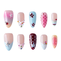LA medium almond press-on nails by 3H Nails, featuring pastel blue, pink, burgundy, and nude designs with stars, polka dots, rhinestones, and ombre accents.