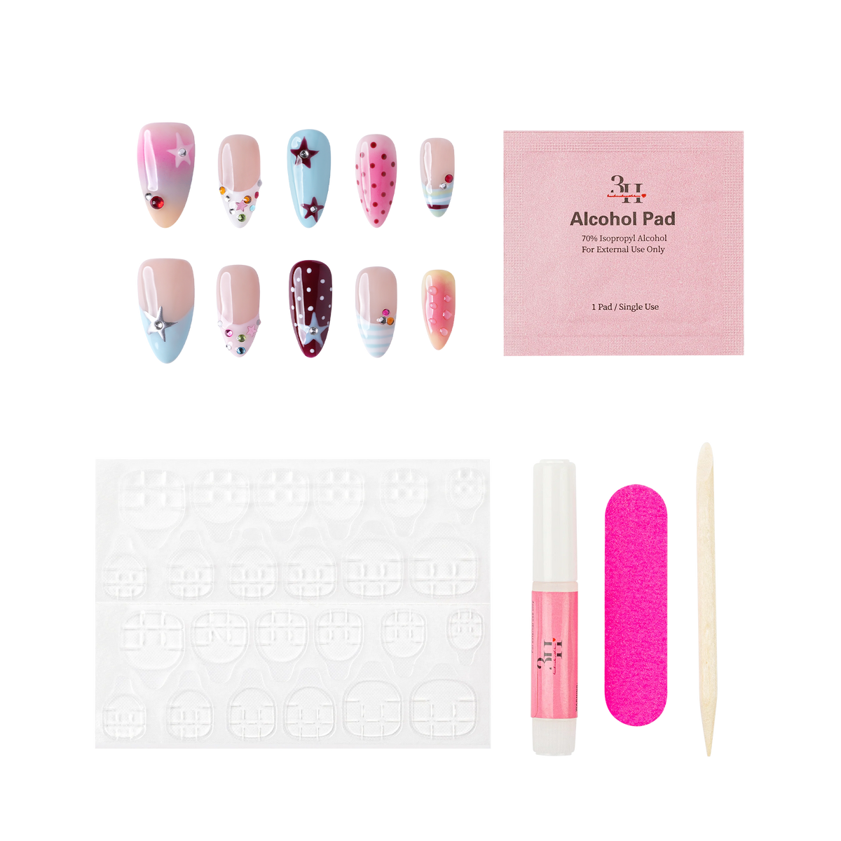 LA medium almond press-on nails by 3H Nails, featuring pastel blue, pink, burgundy, and nude designs with stars, polka dots, rhinestones, and ombre accents, shown with the included application kit.