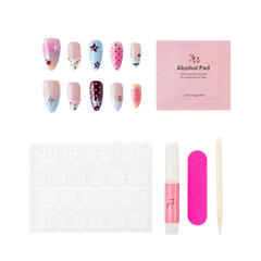 LA medium almond press-on nails by 3H Nails, featuring pastel blue, pink, burgundy, and nude designs with stars, polka dots, rhinestones, and ombre accents, shown with the included application kit.