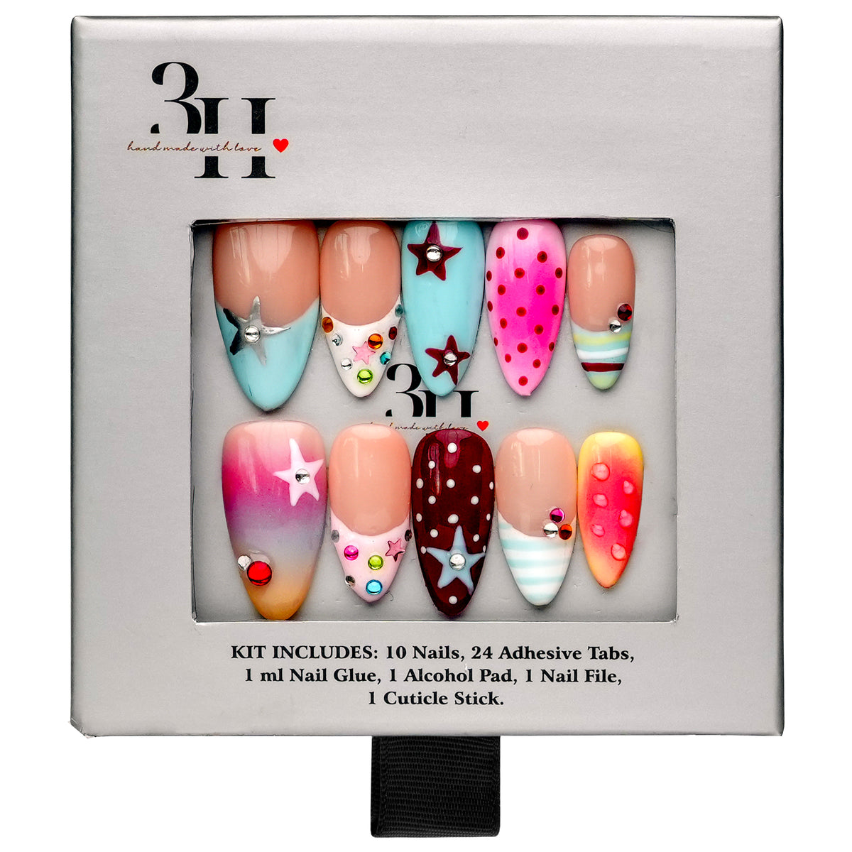 LA medium almond press-on nails by 3H Nails, featuring pastel blue, pink, burgundy, and nude designs with stars, polka dots, rhinestones, and ombre accents, displayed in 3H Nails packaging.