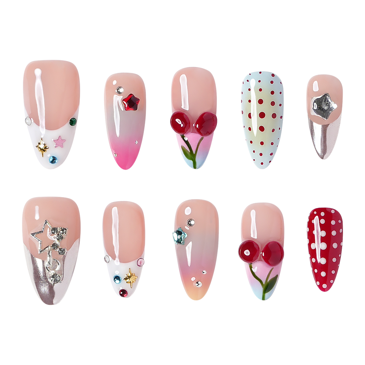 NYC medium almond press-on nails by 3H Nails, featuring mixed nude, red, pink, blue, and silver designs with cherries, polka dots, stars, and rhinestones.