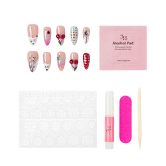 NYC medium almond press-on nails by 3H Nails, featuring mixed nude, red, pink, blue, and silver designs with cherries, polka dots, stars, and rhinestones, shown with the included application kit.