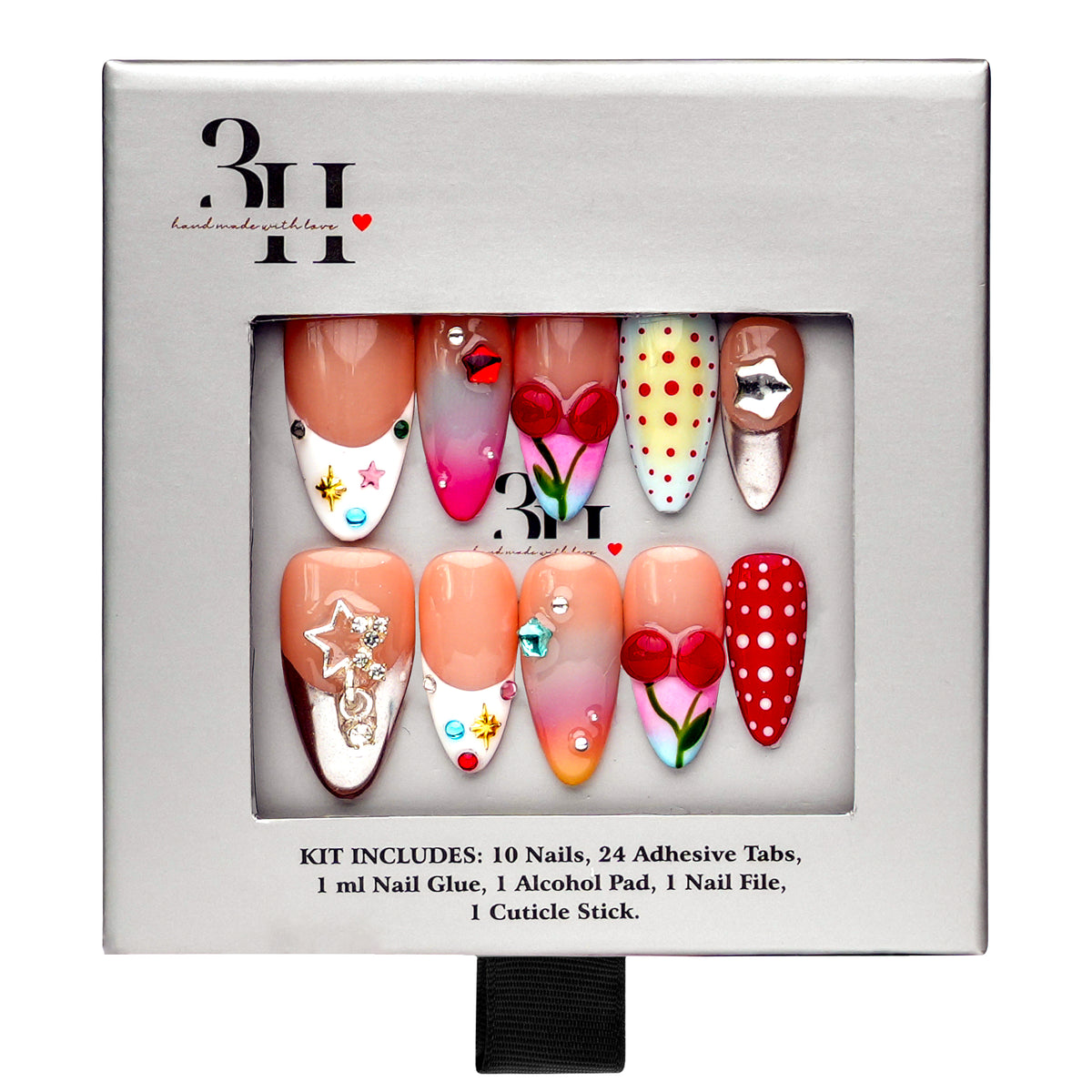 NYC medium almond press-on nails by 3H Nails, featuring mixed nude, red, pink, blue, and silver designs with cherries, polka dots, stars, and rhinestones, displayed in 3H Nails packaging.