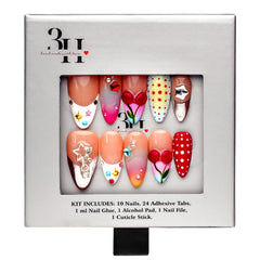 NYC medium almond press-on nails by 3H Nails, featuring mixed nude, red, pink, blue, and silver designs with cherries, polka dots, stars, and rhinestones, displayed in 3H Nails packaging.