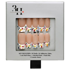 Las Vegas medium square press-on nails by 3H Nails, featuring a nude base with white French tips, multicolor rhinestones, and gold star accents, displayed in 3H Nails packaging.