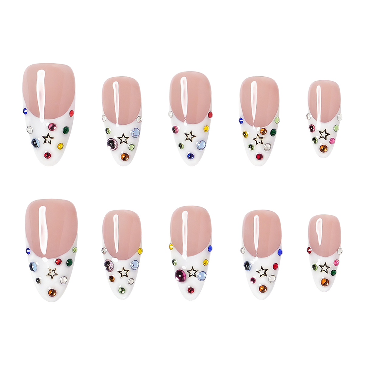 Dallas medium almond press-on nails by 3H Nails, featuring a nude base with white French tips, multicolor rhinestones, and gold star accents.