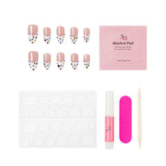 Dallas medium almond press-on nails by 3H Nails, featuring a nude base with white French tips, multicolor rhinestones, and gold star accents, shown with the included application kit.