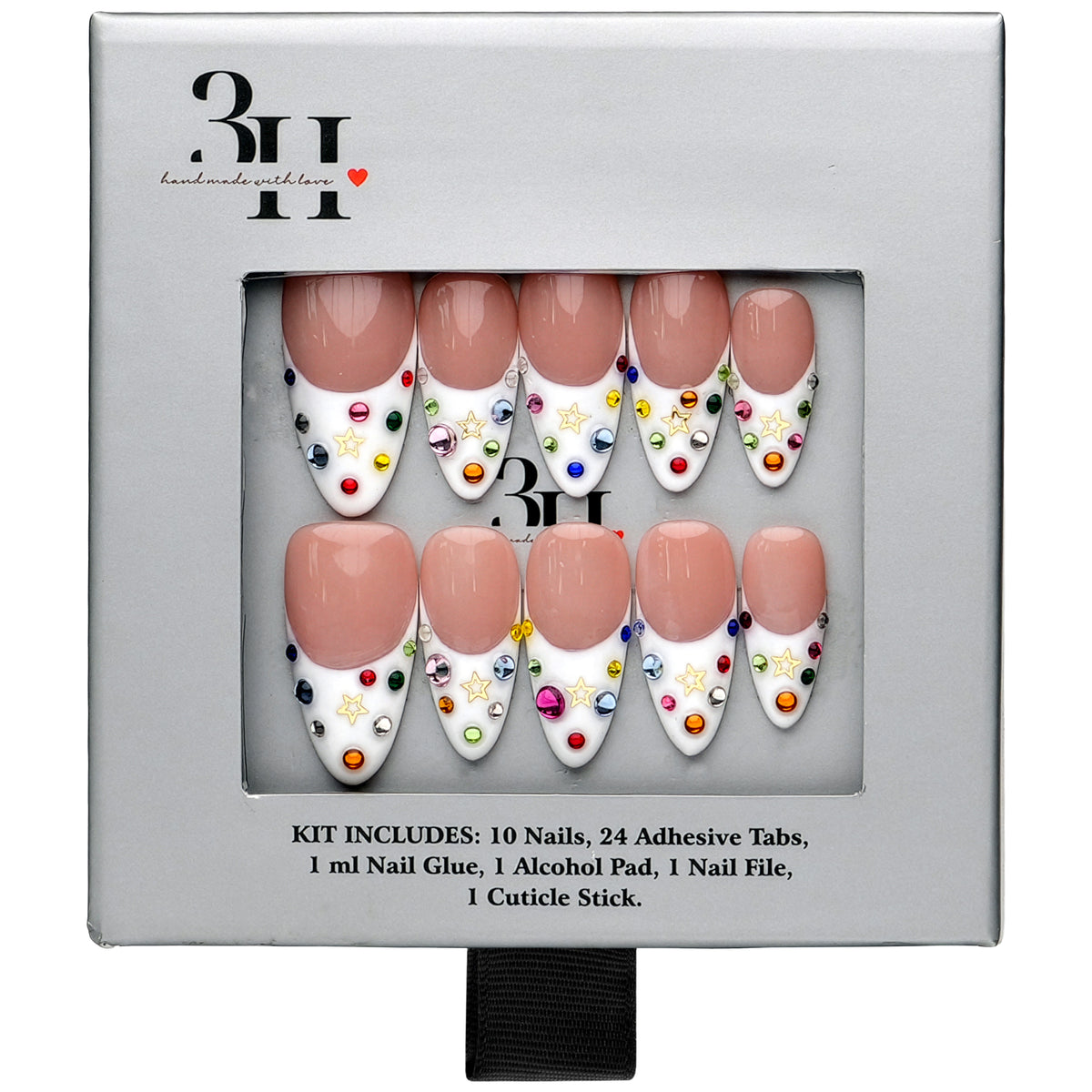 Dallas medium almond press-on nails by 3H Nails, featuring a nude base with white French tips, multicolor rhinestones, and gold star accents, displayed in 3H Nails packaging.