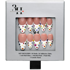 Dallas medium almond press-on nails by 3H Nails, featuring a nude base with white French tips, multicolor rhinestones, and gold star accents, displayed in 3H Nails packaging.