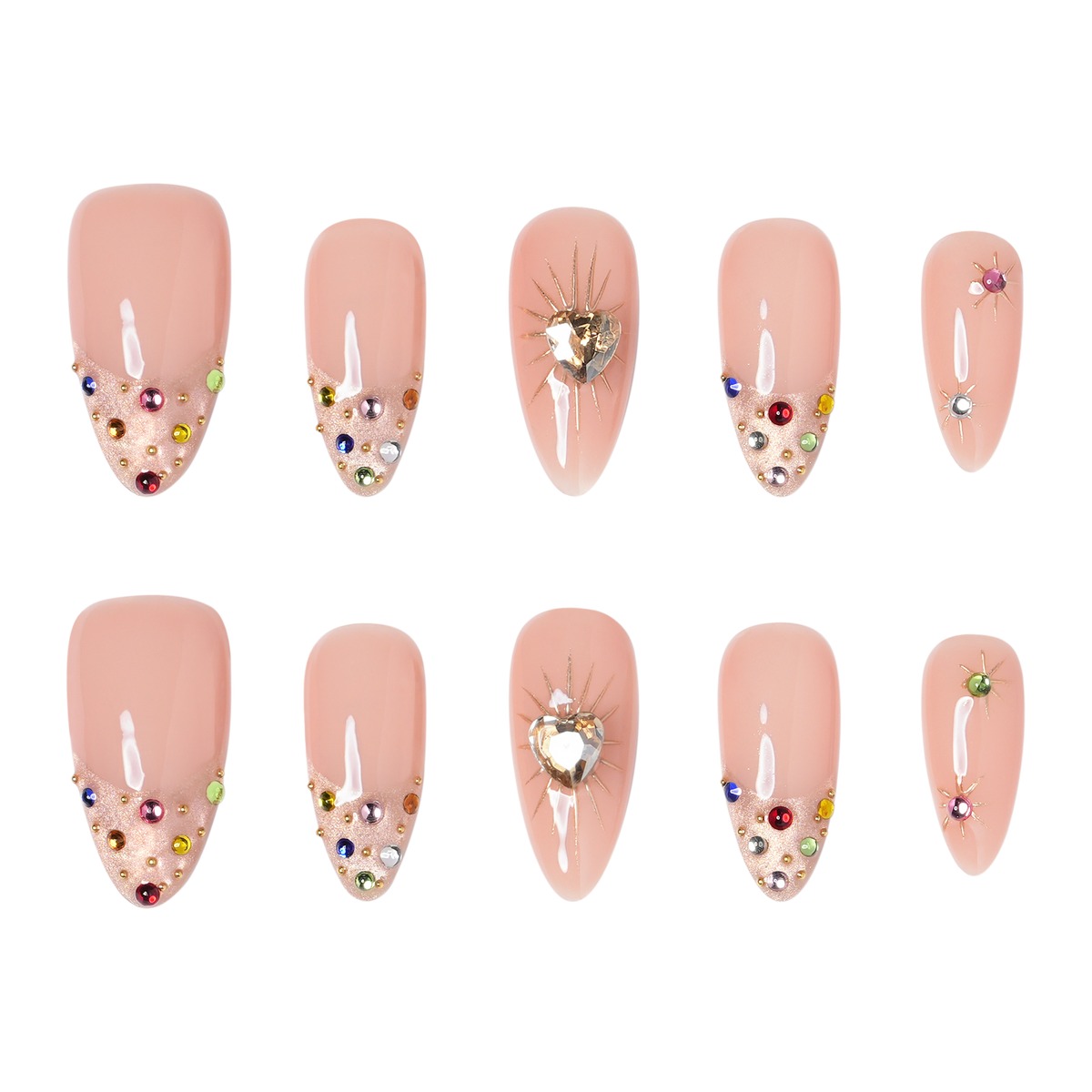 Boston medium almond press-on nails by 3H Nails, featuring a nude base with champagne glitter, multicolor gems, metallic accents, and heart details.