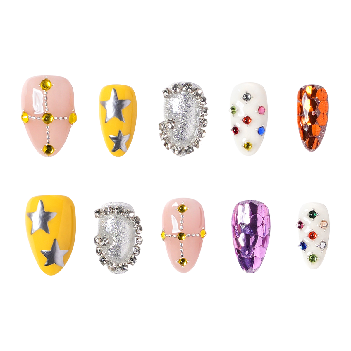 New Orleans medium almond press-on nails by 3H Nails, featuring jewel-tone gems, metallic stars, crystal accents, and reflective multicolor details.