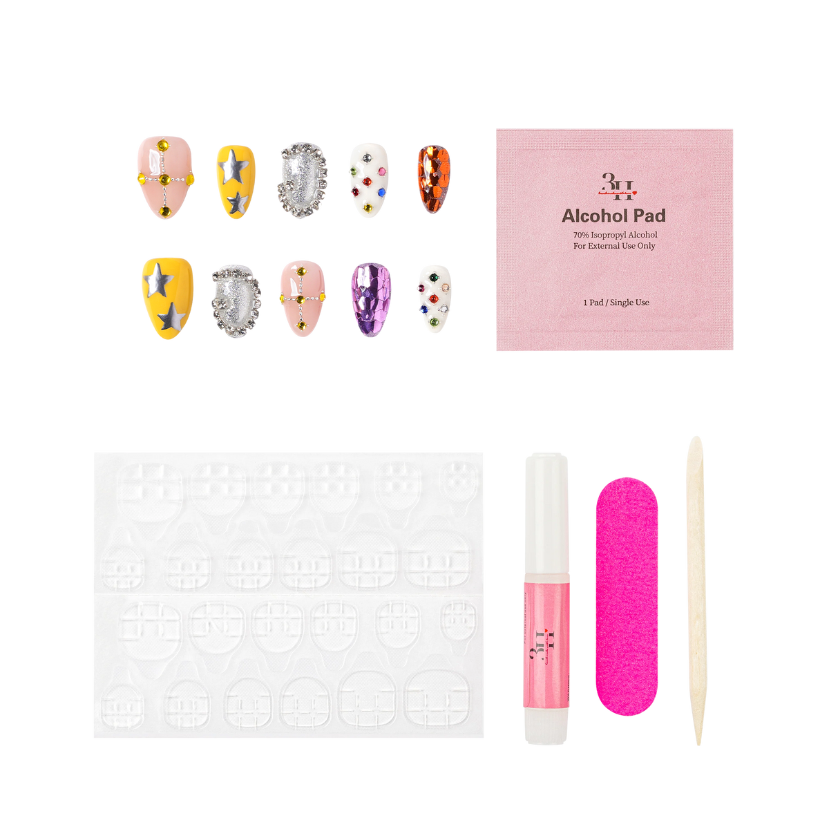 New Orleans medium almond press-on nails by 3H Nails, featuring jewel-tone gems, metallic stars, crystal accents, and reflective multicolor details, shown with the included application kit.