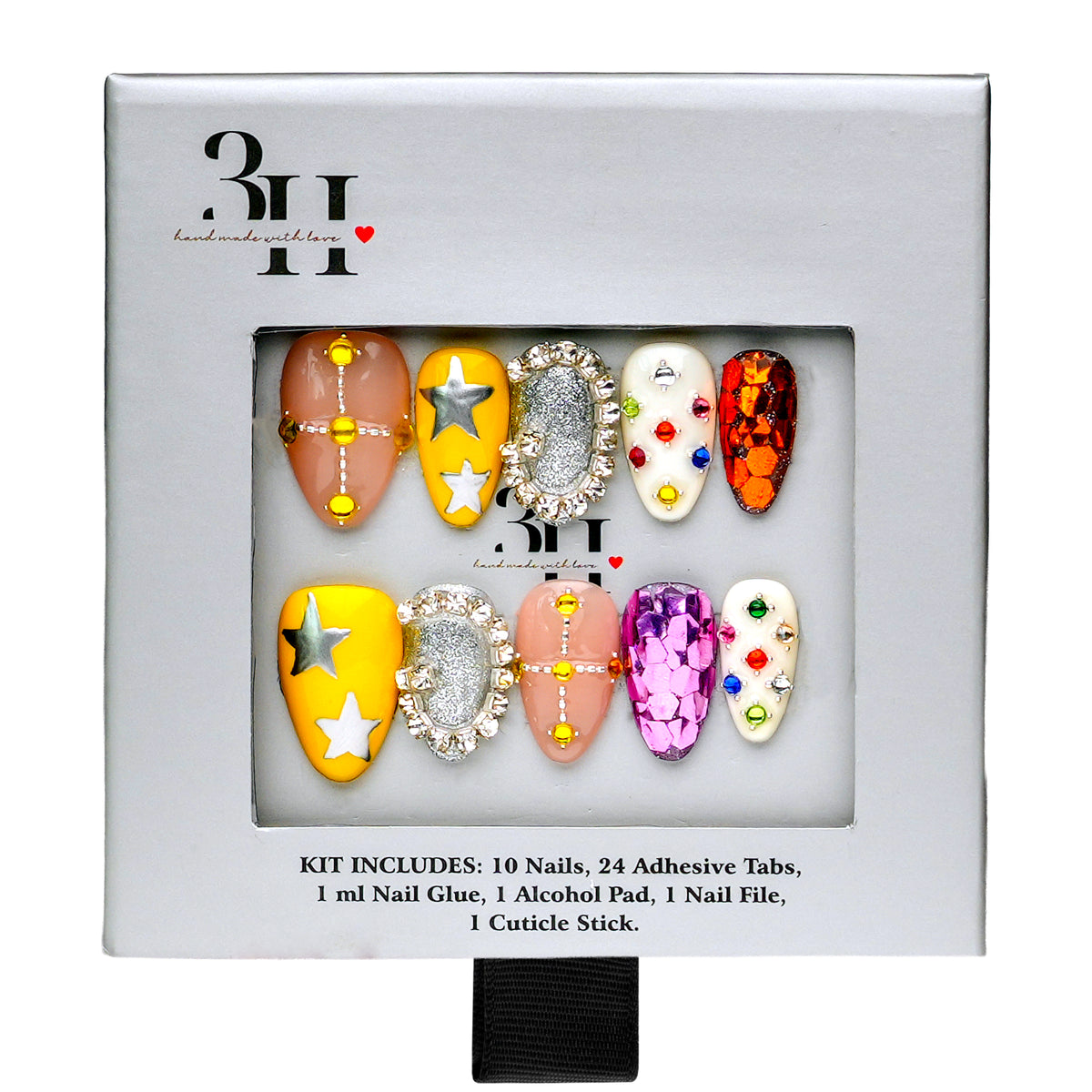 New Orleans medium almond press-on nails by 3H Nails, featuring jewel-tone gems, metallic stars, crystal accents, and reflective multicolor details, displayed in 3H Nails packaging.