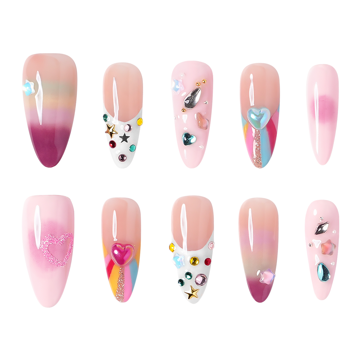 San Francisco medium almond press-on nails by 3H Nails, featuring pastel ombre color with hearts, stars, gems, metallic accents, and colorful French tips.