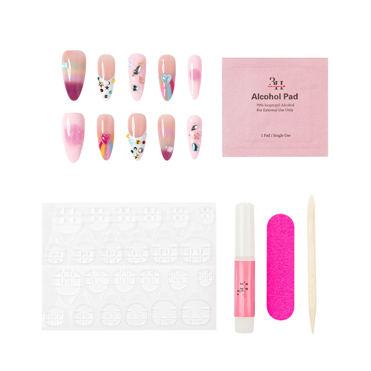 San Francisco medium almond press-on nails by 3H Nails, featuring pastel ombre color with hearts, stars, gems, metallic accents, and colorful French tips, shown with the included application kit.