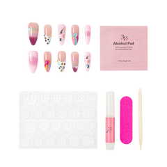 San Francisco medium almond press-on nails by 3H Nails, featuring pastel ombre color with hearts, stars, gems, metallic accents, and colorful French tips, shown with the included application kit.