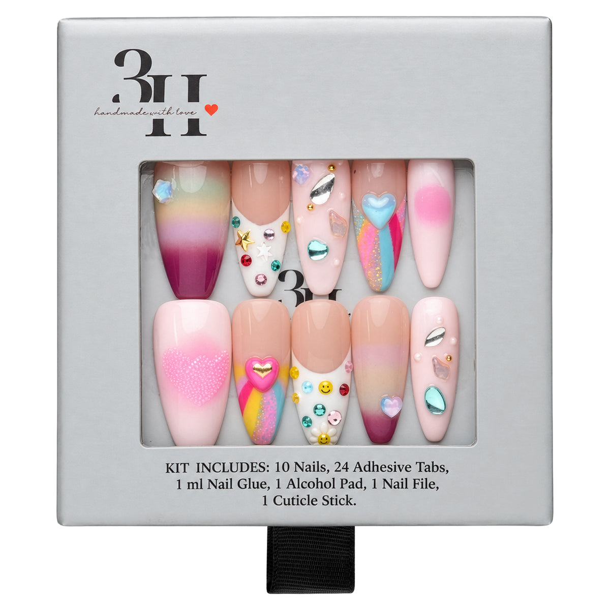 San Francisco medium almond press-on nails by 3H Nails, featuring pastel ombre color with hearts, stars, gems, metallic accents, and colorful French tips, displayed in 3H Nails packaging.