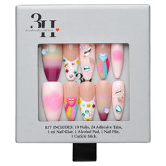 San Francisco medium almond press-on nails by 3H Nails, featuring pastel ombre color with hearts, stars, gems, metallic accents, and colorful French tips, displayed in 3H Nails packaging.