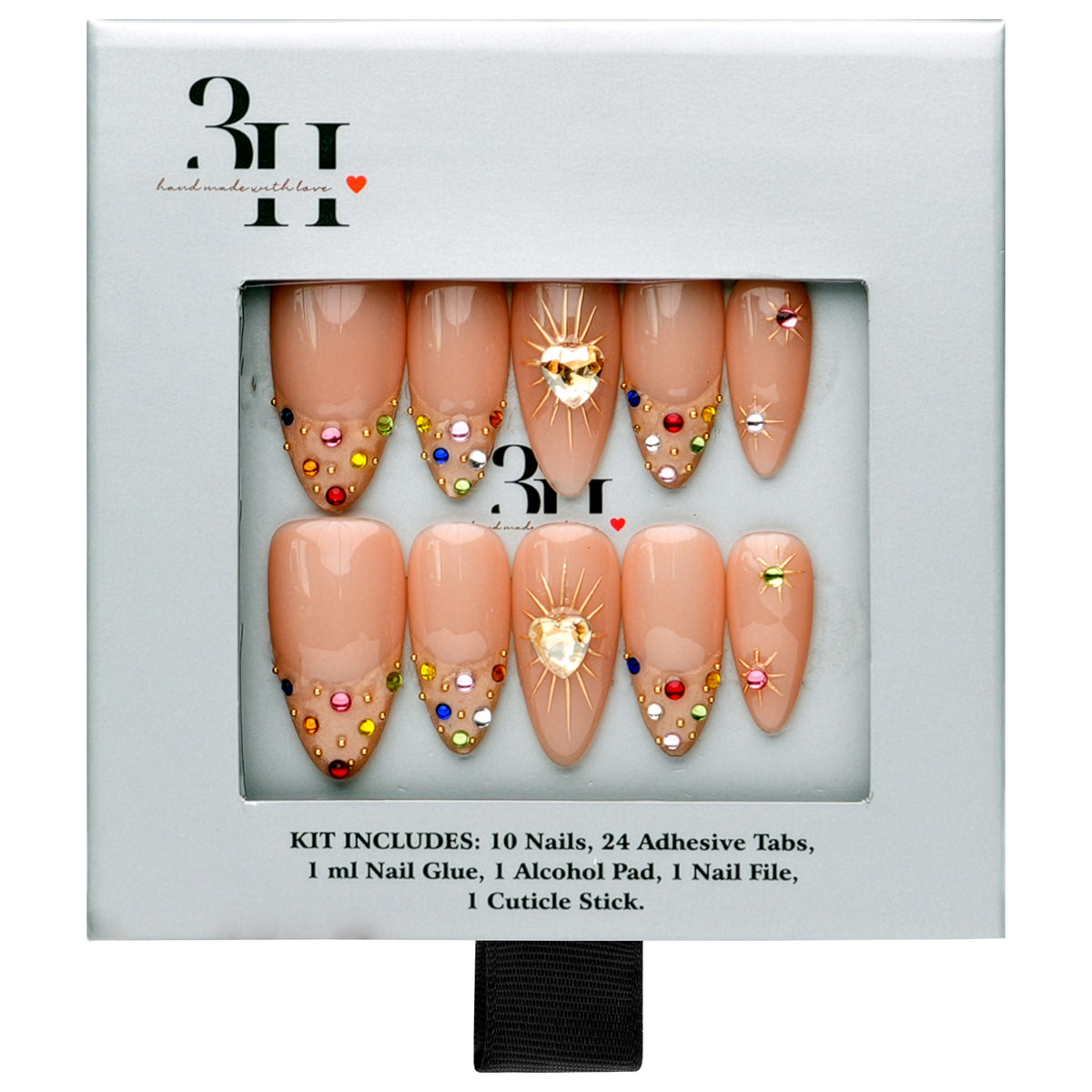 Boston medium almond press-on nails by 3H Nails, featuring a nude base with champagne glitter, multicolor gems, metallic accents, and heart details, displayed in 3H Nails packaging.