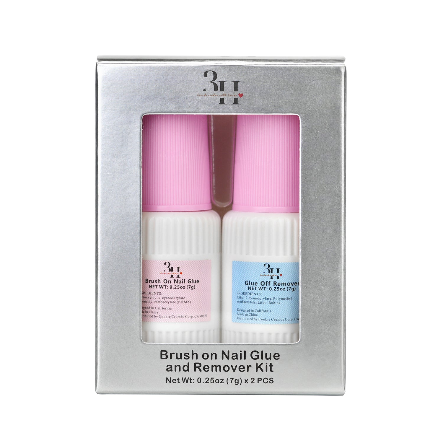 3H Nails brush-on nail glue and removal kit with applicator brushes for strong, precise nail adhesion and easy removal.