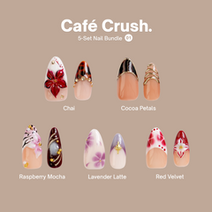 Café Crush bundle featuring Chai, Cocoa Petals, Raspberry Mocha, Lavender Latte and Red Velvet press-on nails
