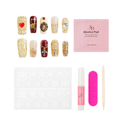 Gilded Relic reusable long square press-on nail set with burgundy, ivory and metallic gold vintage-inspired nail art.
