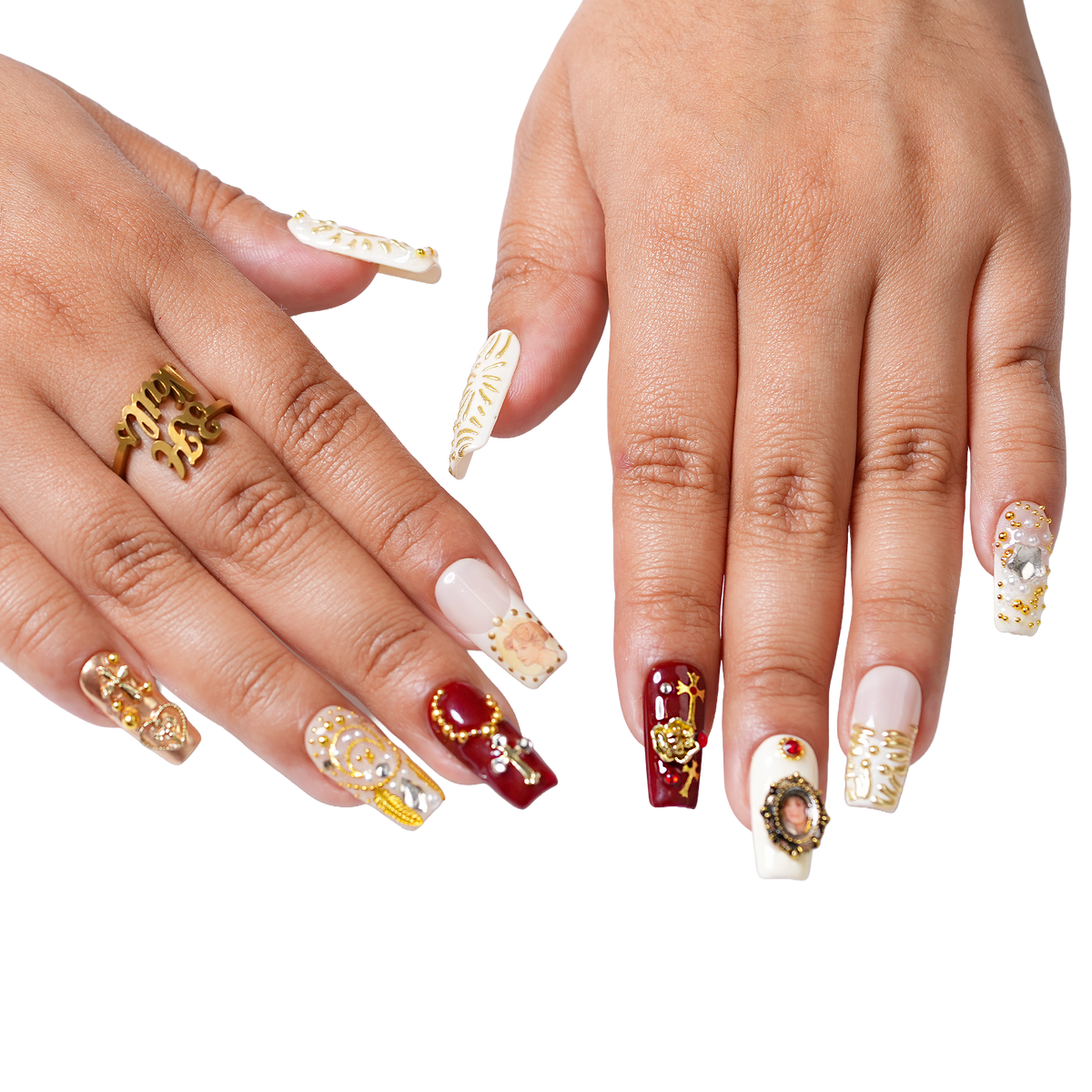 Gilded Relic long square press-on nails featuring glossy burgundy, ivory and gold tones with raised vintage-inspired embellishments.