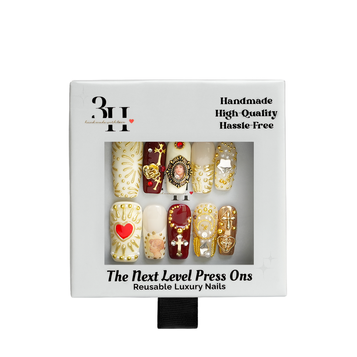 Gilded Relic long square press-on nail set by 3H Nails with ornate burgundy, ivory and gold vintage-inspired designs.