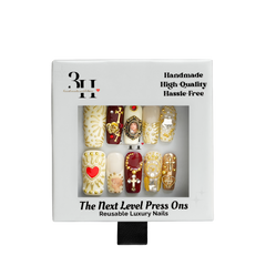 Gilded Relic long square press-on nail set by 3H Nails with ornate burgundy, ivory and gold vintage-inspired designs.