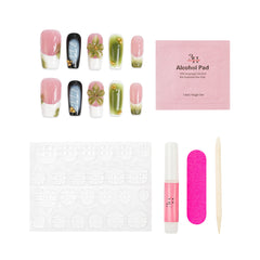 Orchid Dreams press-on nail kit with nails, adhesive tabs, nail glue, alcohol prep pad, cuticle stick and nail file.