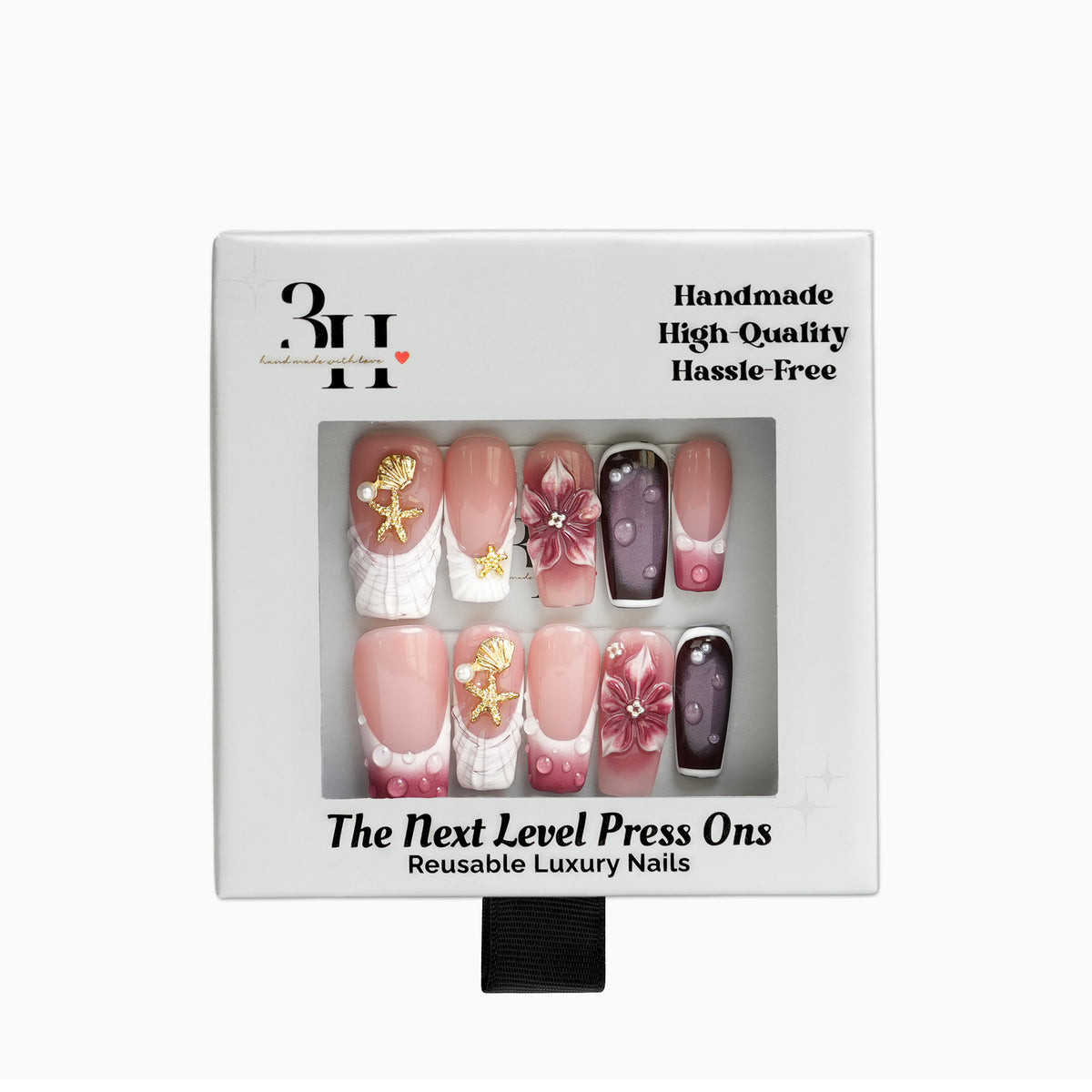 Long square press-on nails with a berry floral design by 3H Nails, perfect for a stylish, natural look.