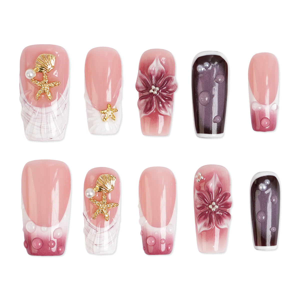 Long square press-on nails with a berry picnic floral design by 3H Nails, showcasing a colorful, decorative nail set.