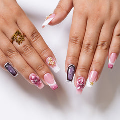 Berry Picnic long square press-on nails by 3H Nails featuring a vibrant berry floral design and glossy finish.