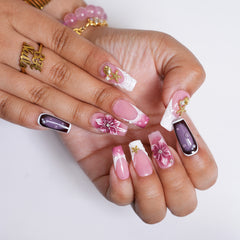 Pink and purple long square press-on nails with berry flower design by 3H Nails, perfect for a stylish picnic-ready look.