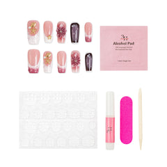 Long square press-on nails with a berry floral design from 3H Nails' Picnic collection, showcasing a vibrant, natural look.