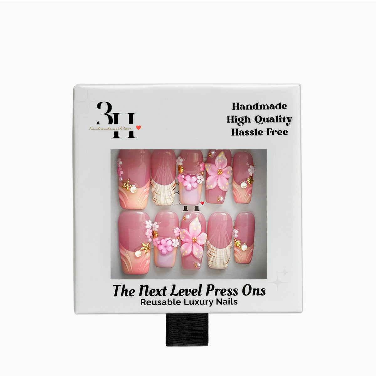 Set of long square press-on nails with rosy garden floral design by 3H Nails, showcasing delicate pink and green accents.