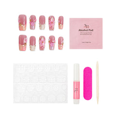 Set of Rosy Garden long square press-on nails by 3H Nails with a pink floral design on a neutral background.
